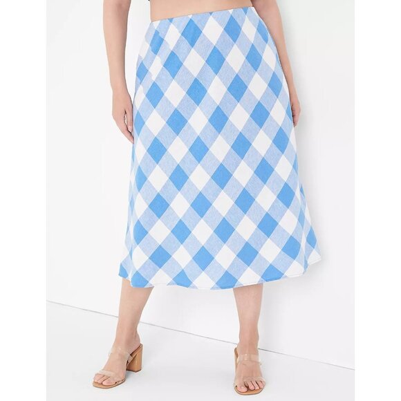 Lane Bryant A-Line Blue & White Checkered Midi Skirt Size 22/24 Linen & Viscose - Picture 1 of 6